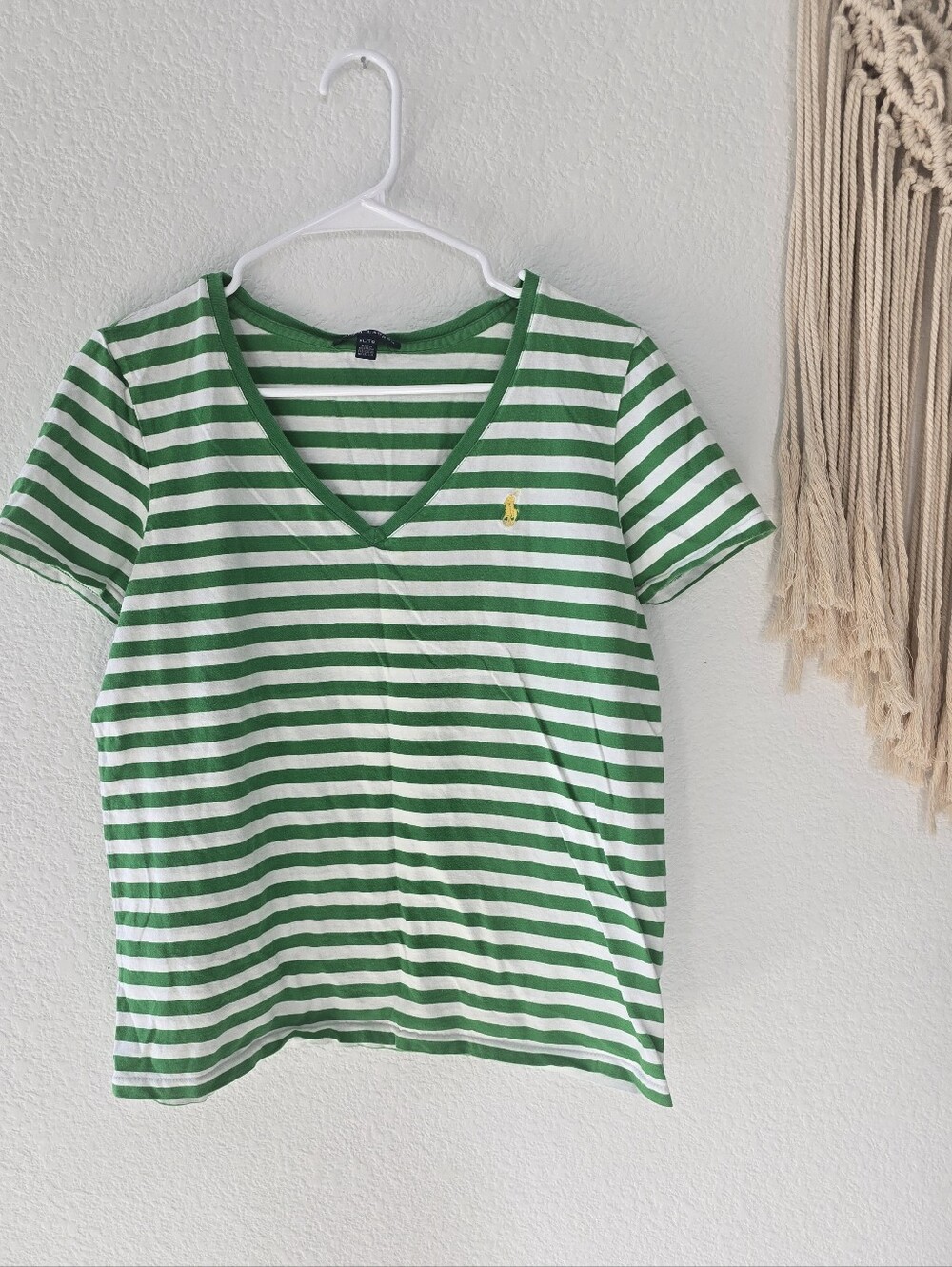 Polo Ralph Lauren Green & White Striped V-Neck Women's Tee 100% Cotton